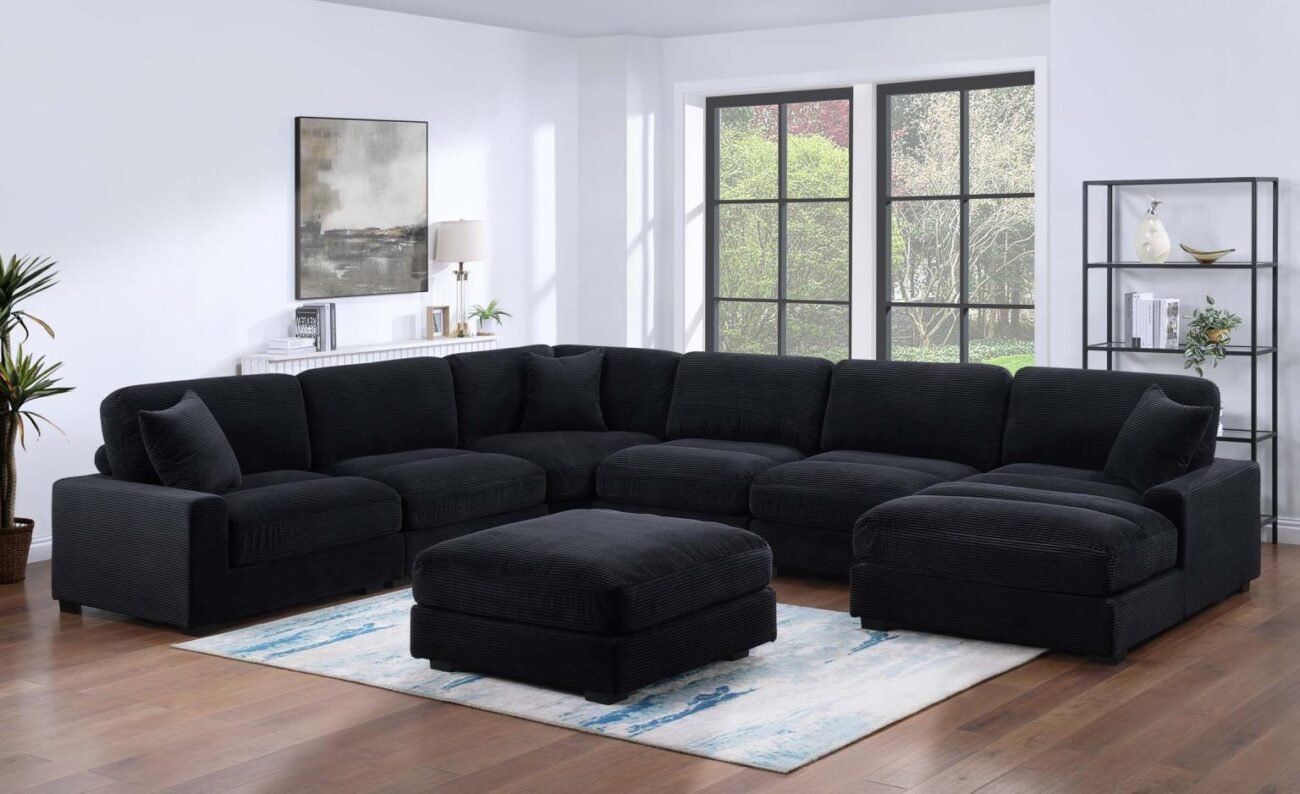 L121 Violet Black Sectional – Plush Corduroy Modular Sofa