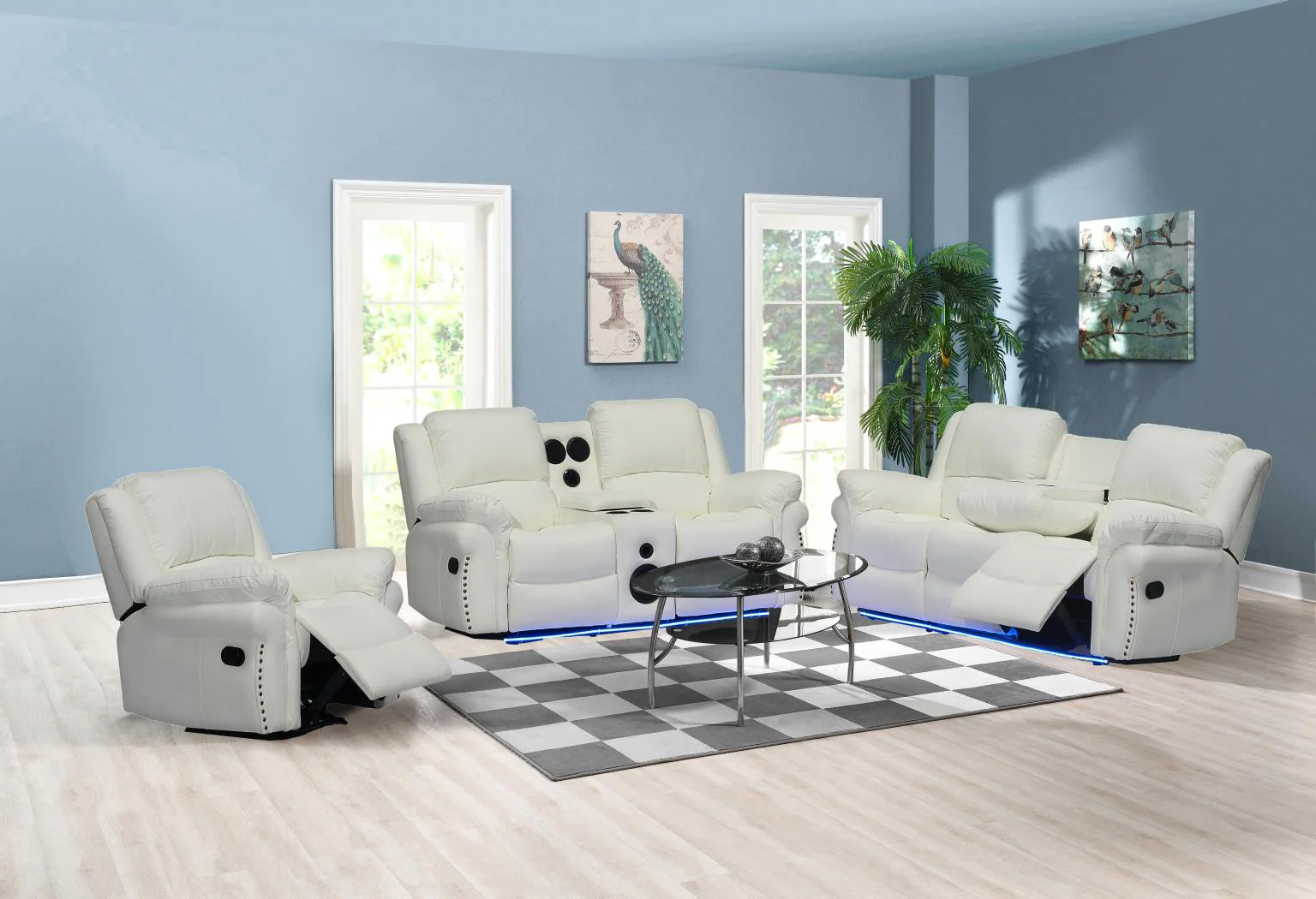 L432 White Cesar Sofa – LED Recliners with Bluetooth L432 White Cesar Sofa – LED Recliners with Bluetooth